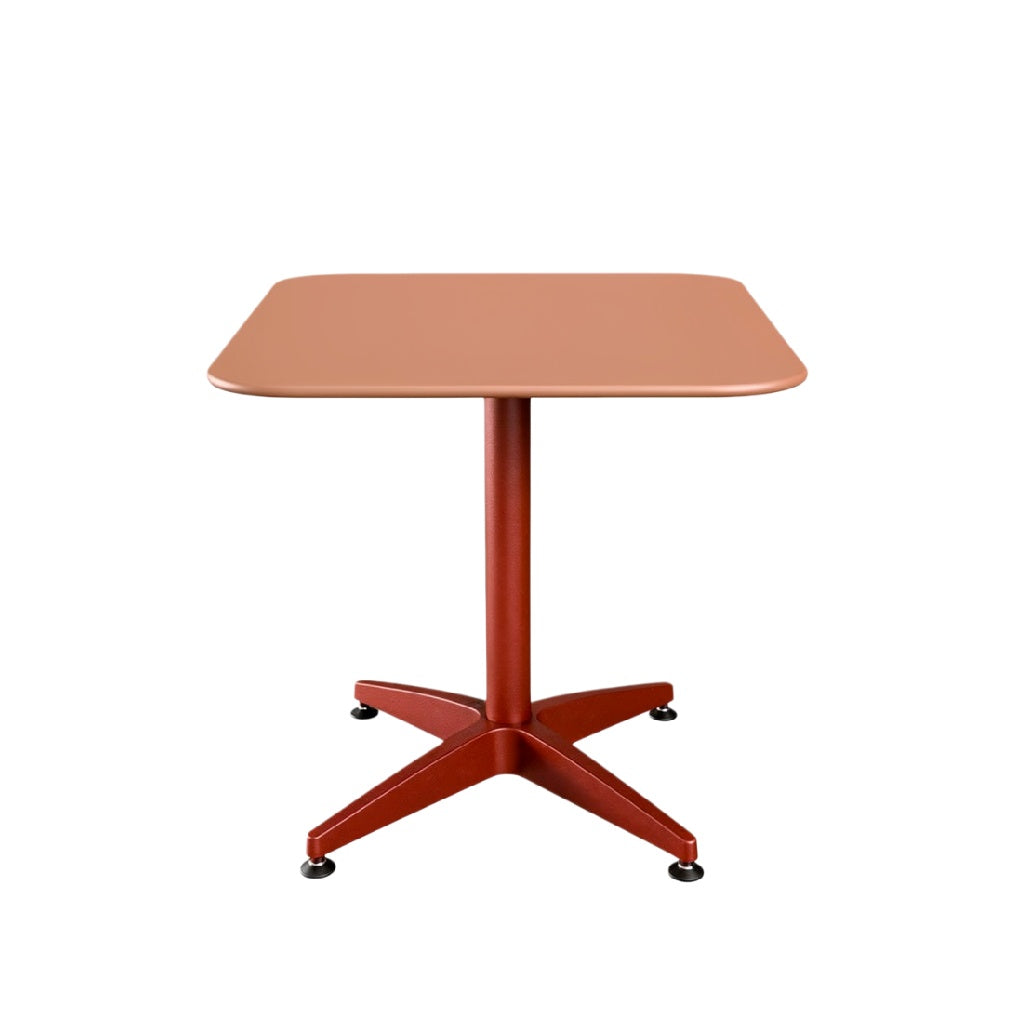Technische Titel: "Moderne vierkante tafel met rode voet en minimalistisch ontwerp"