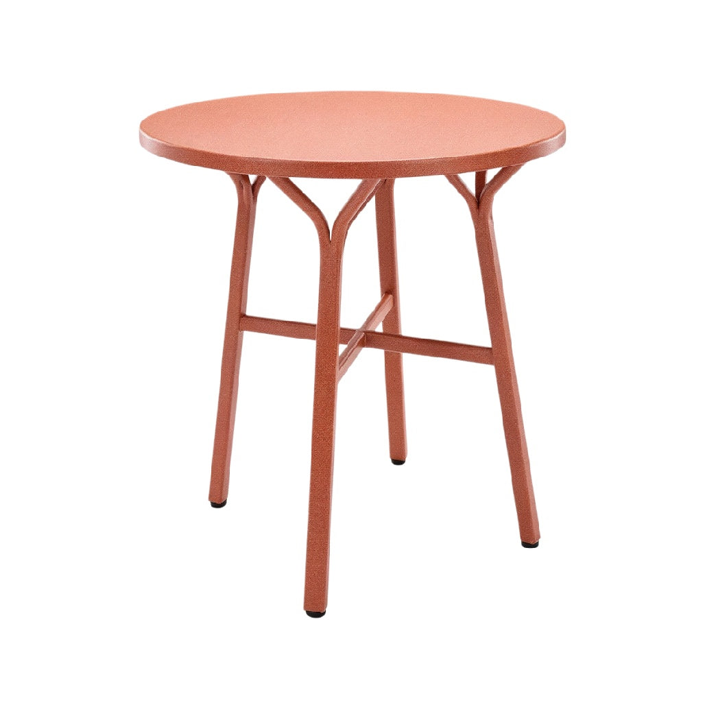 Eenvoudige ronde tafel met metalen poten in oranje kleur