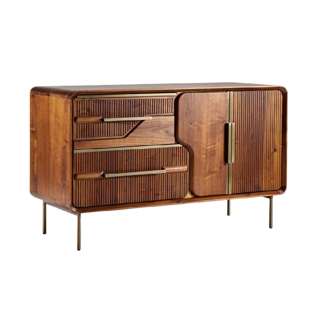 **Moderne Houten Dressoir met Geperforeerde Deurtjes en Strakke Poten**
