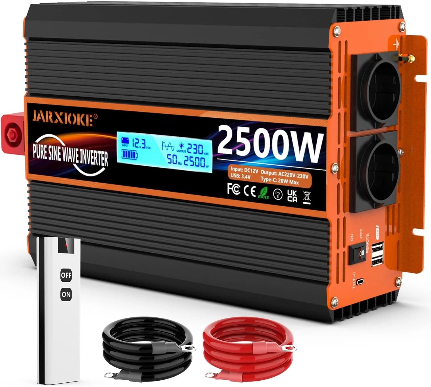 Omvormer Zuivere Sinus 12V naar 230V 4000W Spanningsomvormer met Afstandsbediening  LCD-scherm  2 EU-stopcontact  2 x 3,4 A USB  Type-C poort Solar Power Inverter(12V 2500W)